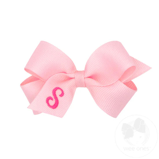 Mini Monogrammed Grosgrain Girls Hair Bow - Light Pink with Hot Pink Initial