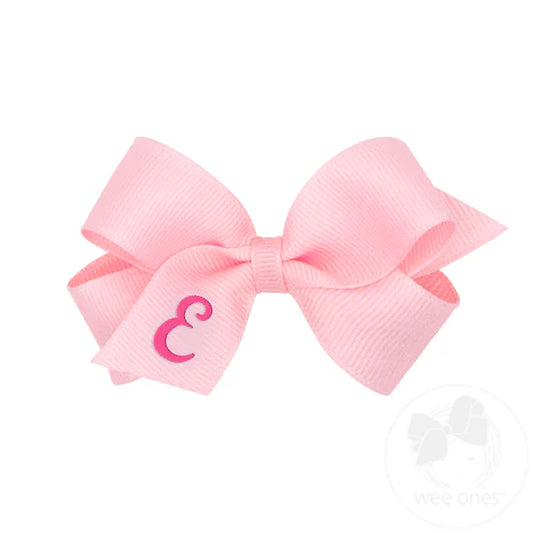 Mini Monogrammed Grosgrain Girls Hair Bow - Light Pink with Hot Pink Initial